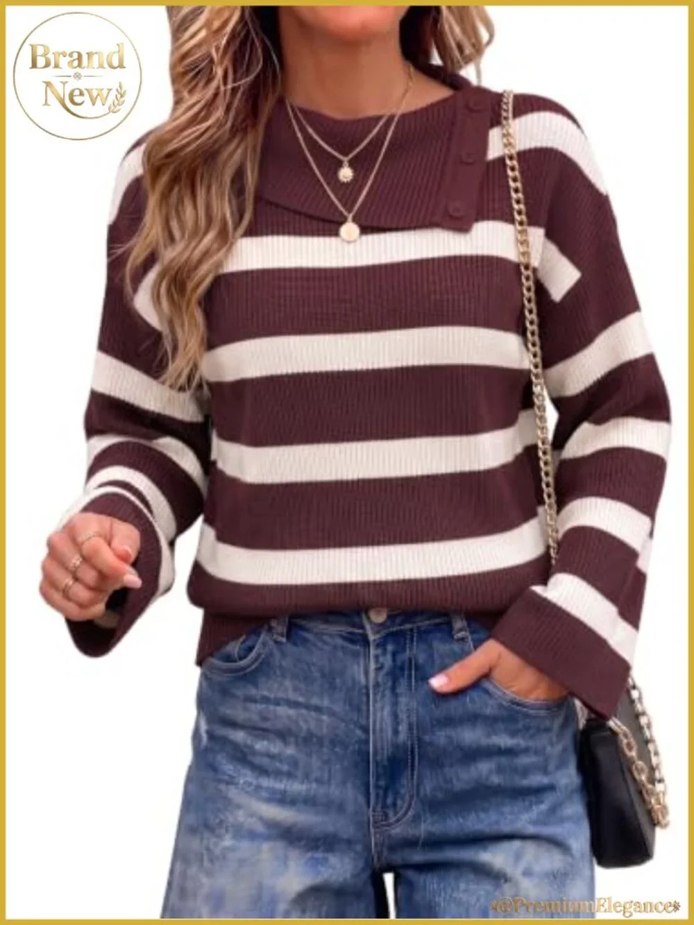 Women's Striped Knit Bell Sleeve Sweater, 3-in-1 Button Collar Turtleneck,